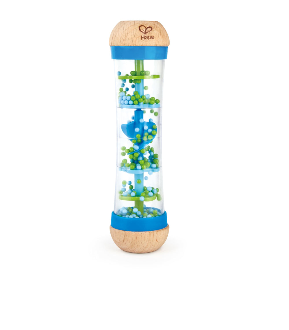 Hape Beaded Raindrops Rainmaker in blue beads invites tactile exploration and grasp development.