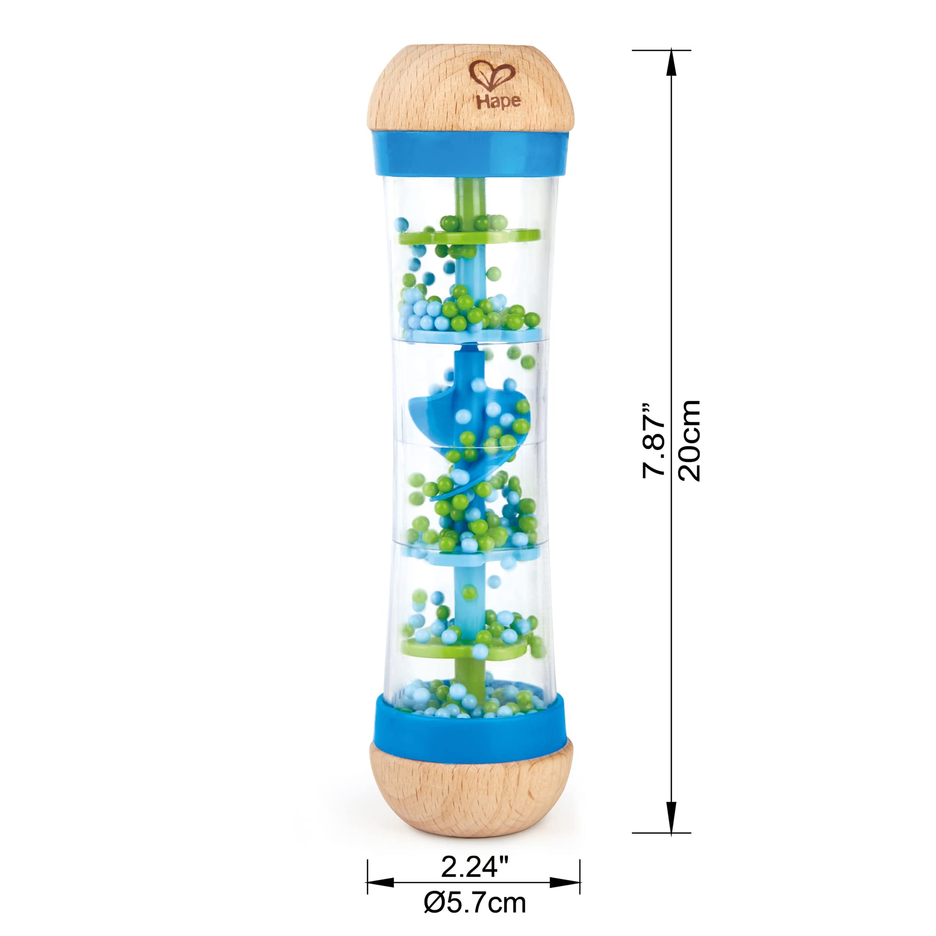 Hape rainmaker blue beads produce gentle rain sounds for calming, sensory-rich play.