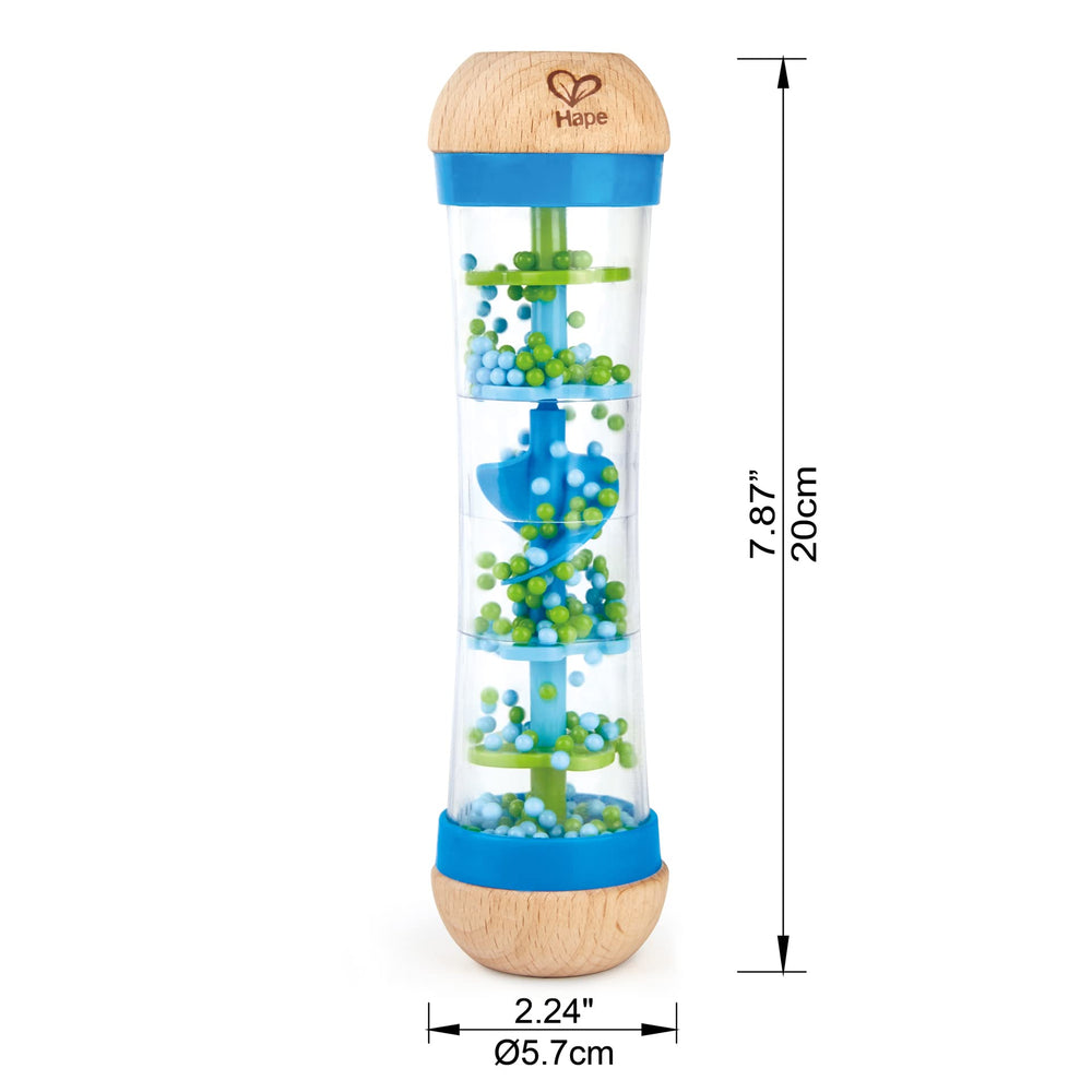 Hape rainmaker blue beads produce gentle rain sounds for calming, sensory-rich play.