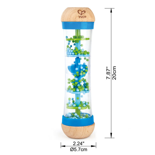 Hape rainmaker blue beads produce gentle rain sounds for calming, sensory-rich play.