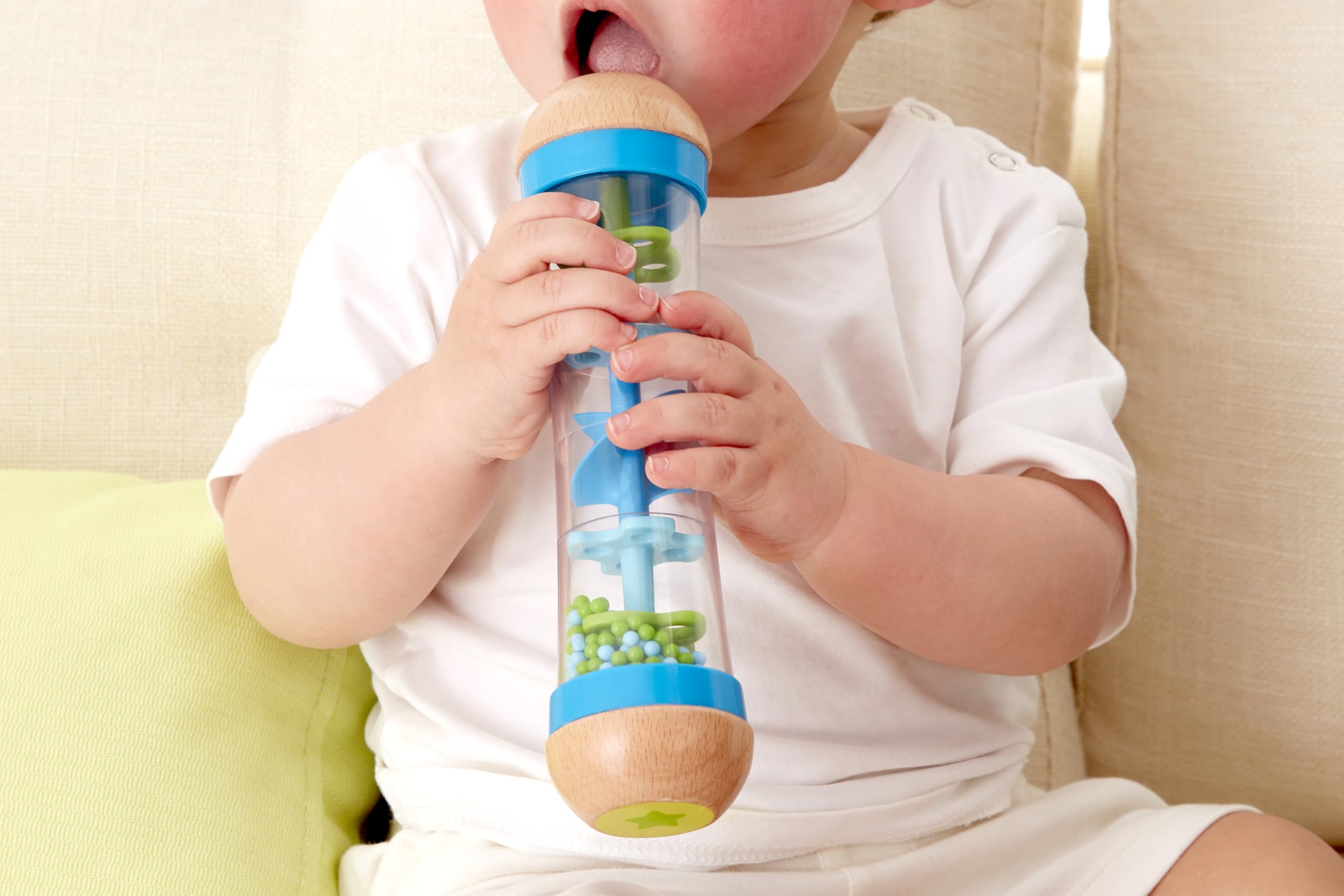 Hape Beaded Raindrops Rainmaker with durable finish maintains vibrant colors during play.