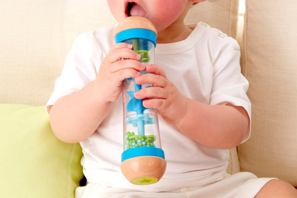 Hape Beaded Raindrops Rainmaker with durable finish maintains vibrant colors during play.