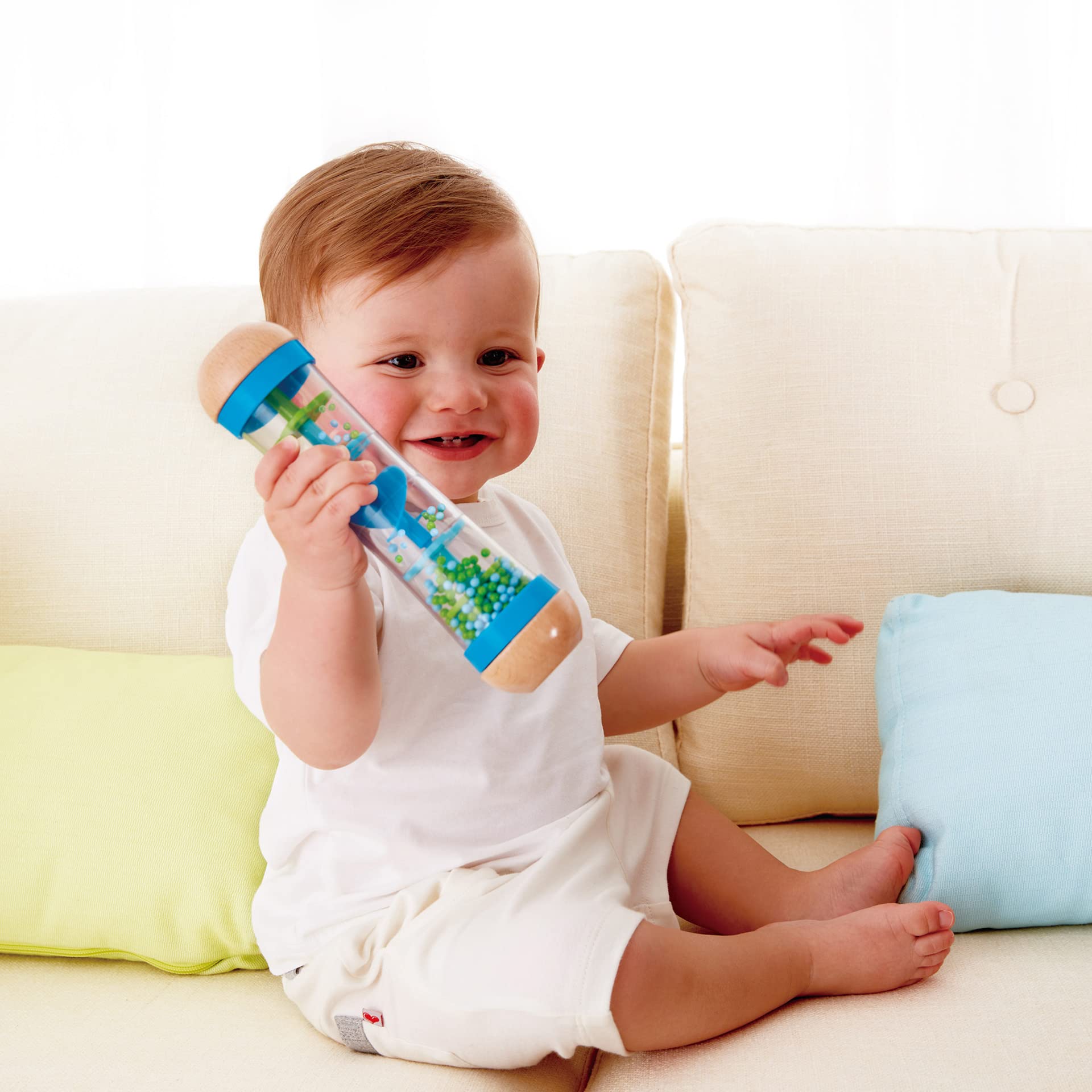 Hape rainmaker's easy-grip handle helps tiny hands explore rhythm and cause-and-effect.