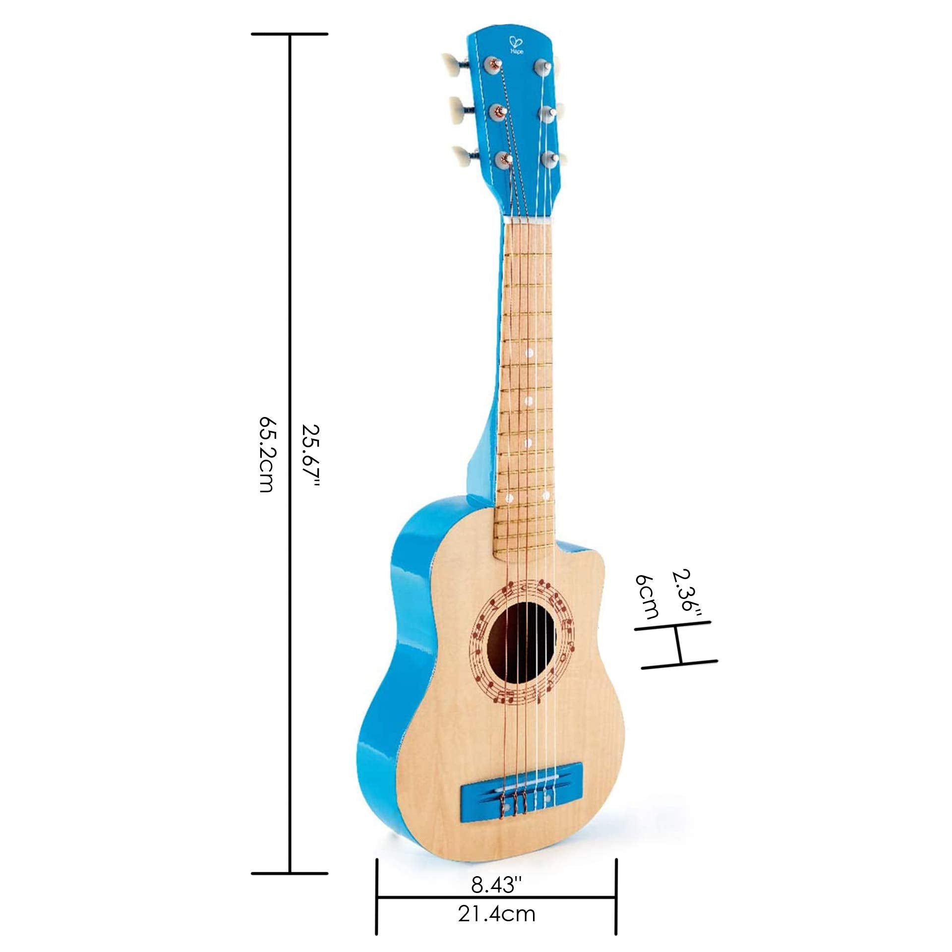 Hape blue 26-inch guitar close-up shows tunable strings.