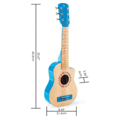 Hape blue 26-inch guitar close-up shows tunable strings.