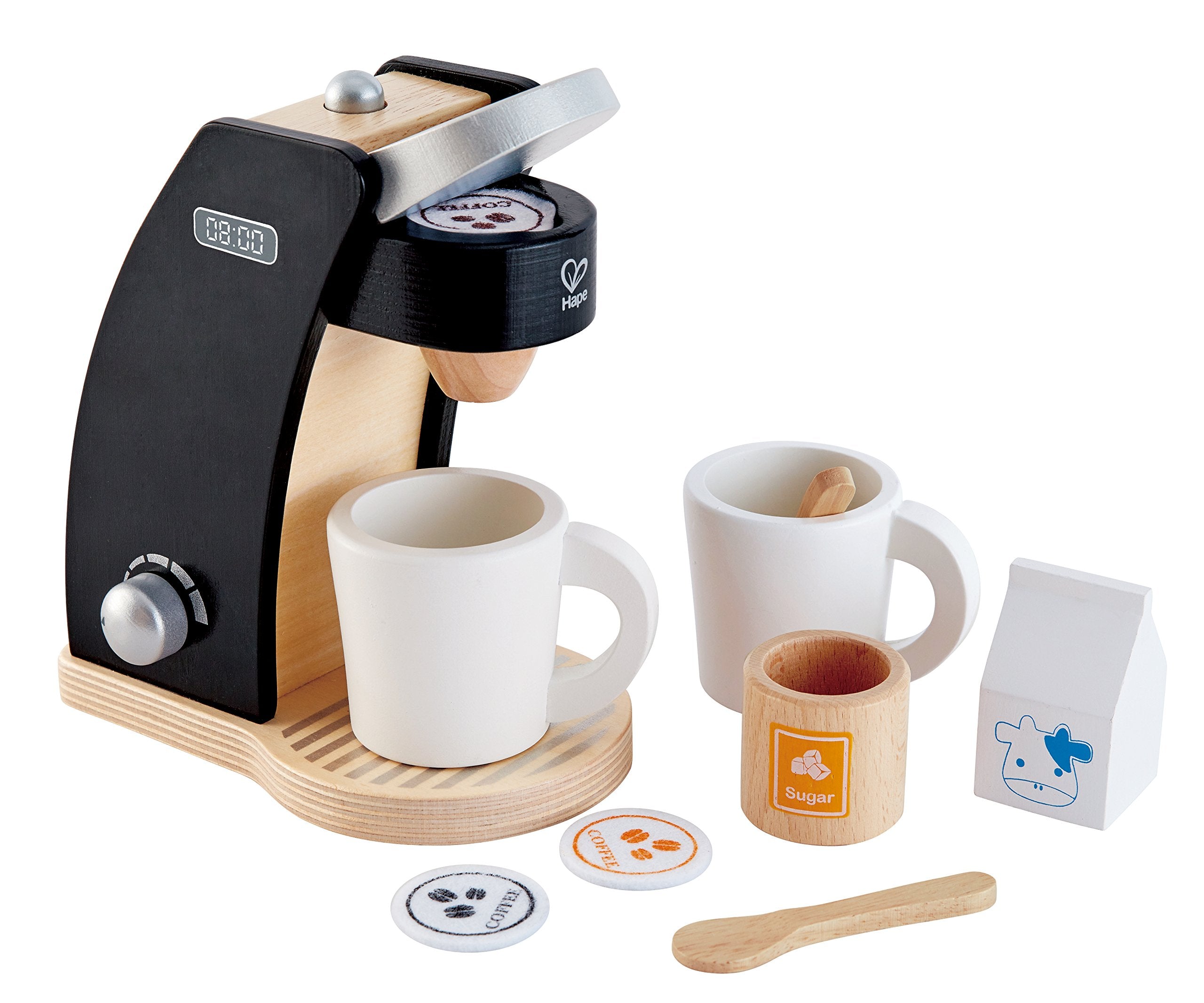 Hape wooden coffee maker with dials and buttons enhances imaginative play.