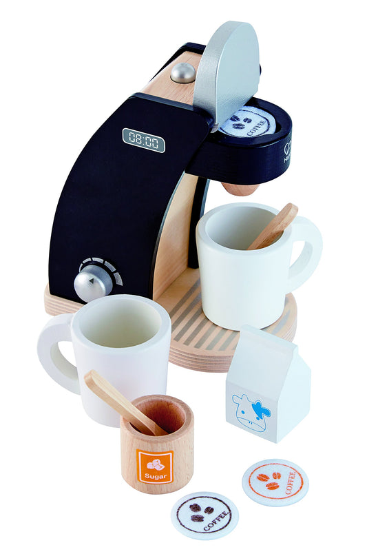 Hape coffee maker with mugs encourages pretend cafe play and social interaction.