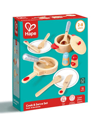 Hape Cook & Serve Set salt and pepper shakers add authentic seasoning details for play.