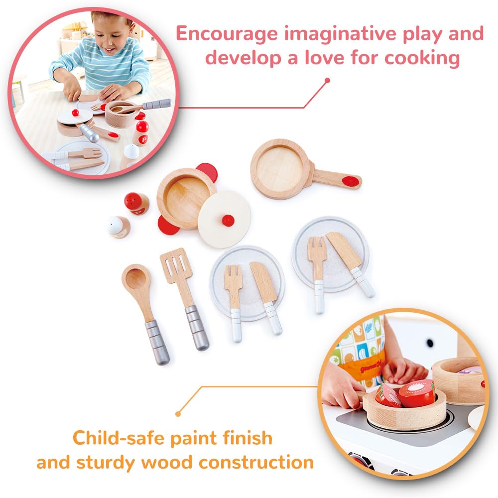 Hape Cook & Serve Set utensils spark creative cooking stories with wooden spoon and spatula.