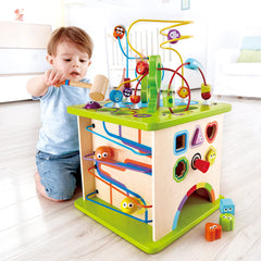 Hape Country Critters Play Cube shape sorter side helps kids learn shapes.