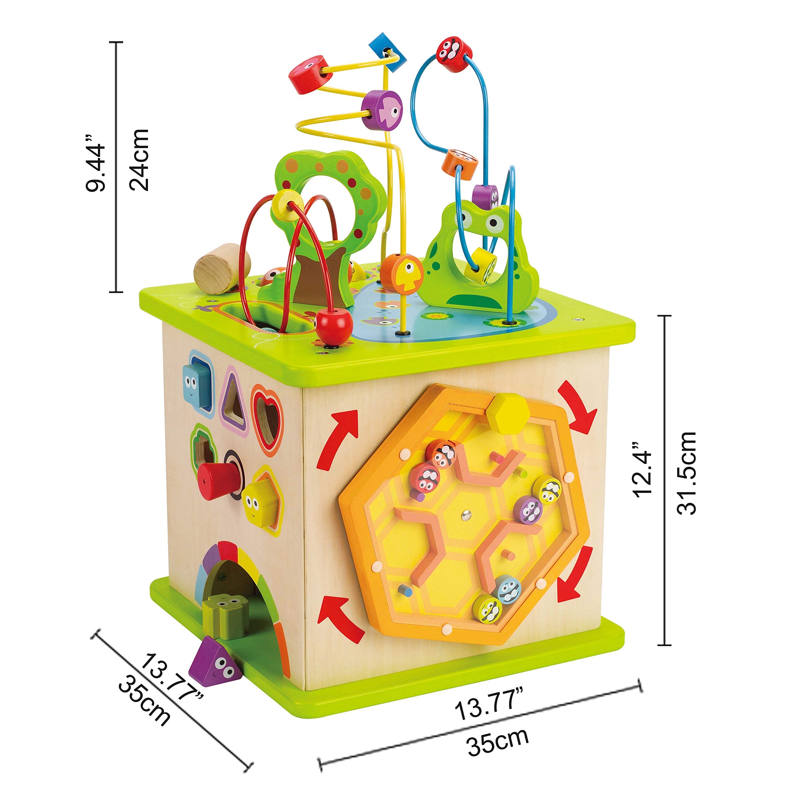 Hape Country Critters Play Cube tap-to-bottom side strengthens arm muscles and color recognition.