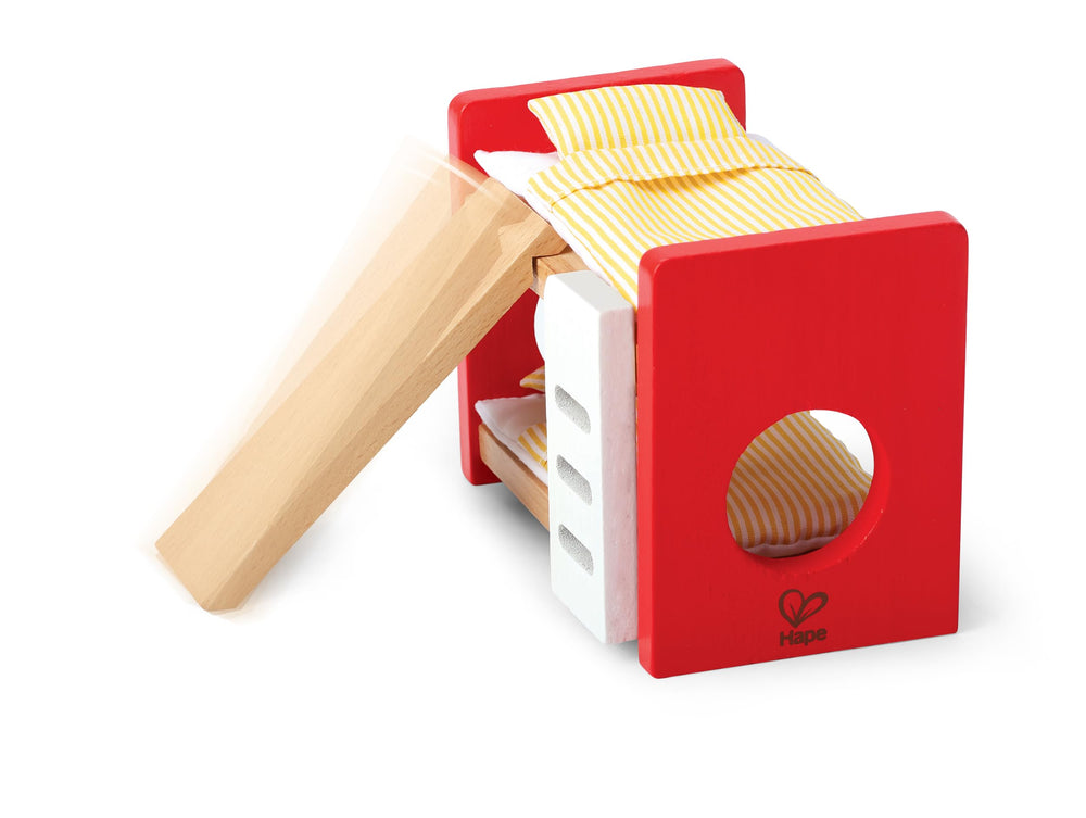 Hape children’s room scene showcases durable wooden furniture for imaginative play