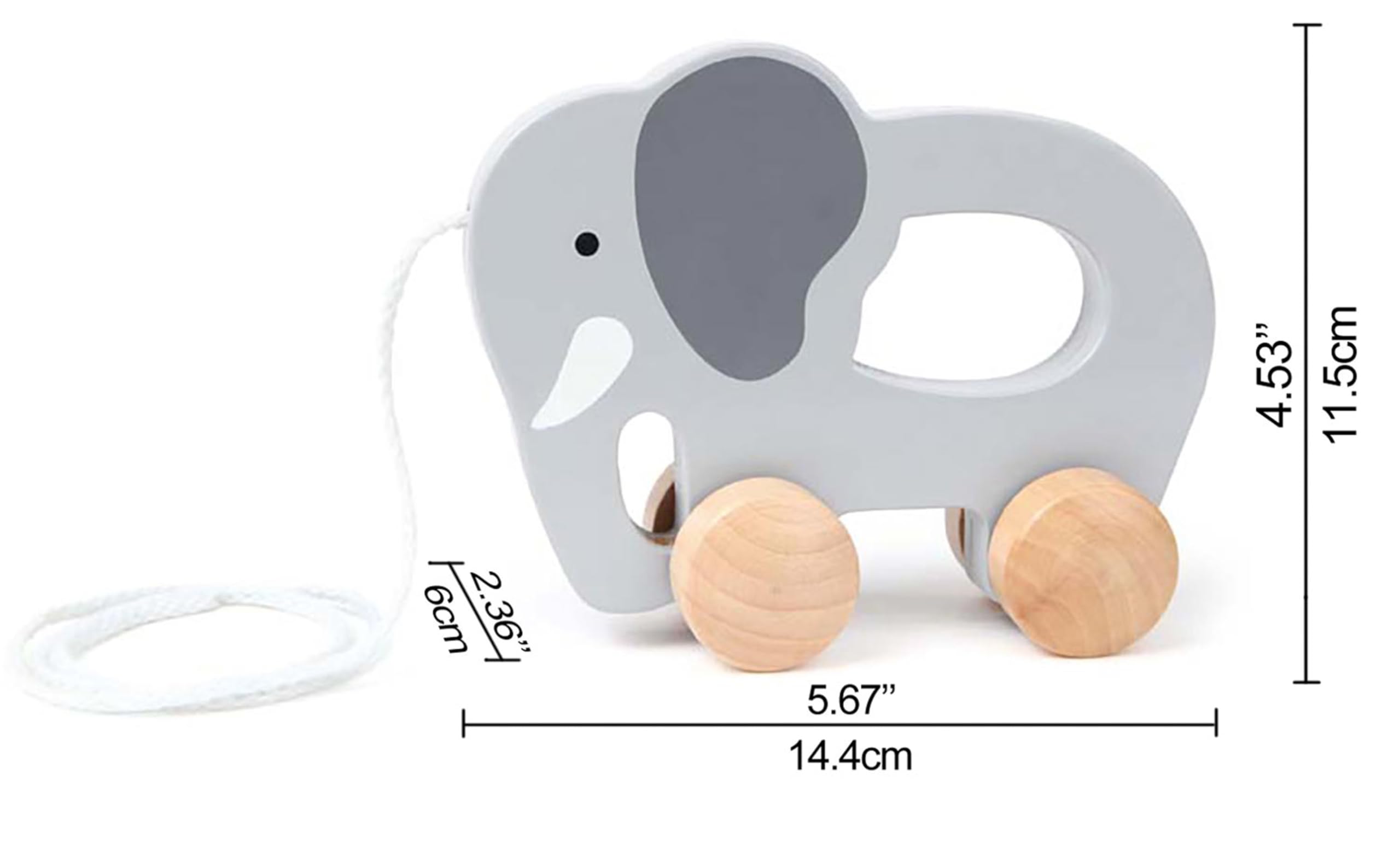 Hape elephant pull-along wheels close-up, smooth rolling for quiet play.