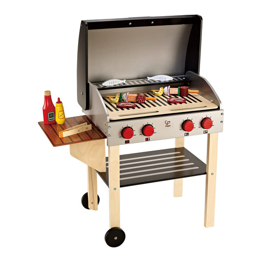 Hape Gourmet Grill with open hood offers realistic pretend BBQ play for kids.