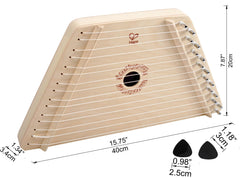 Hape Happy Harp tuning wrench and song sheets support easy setup and guided practice.