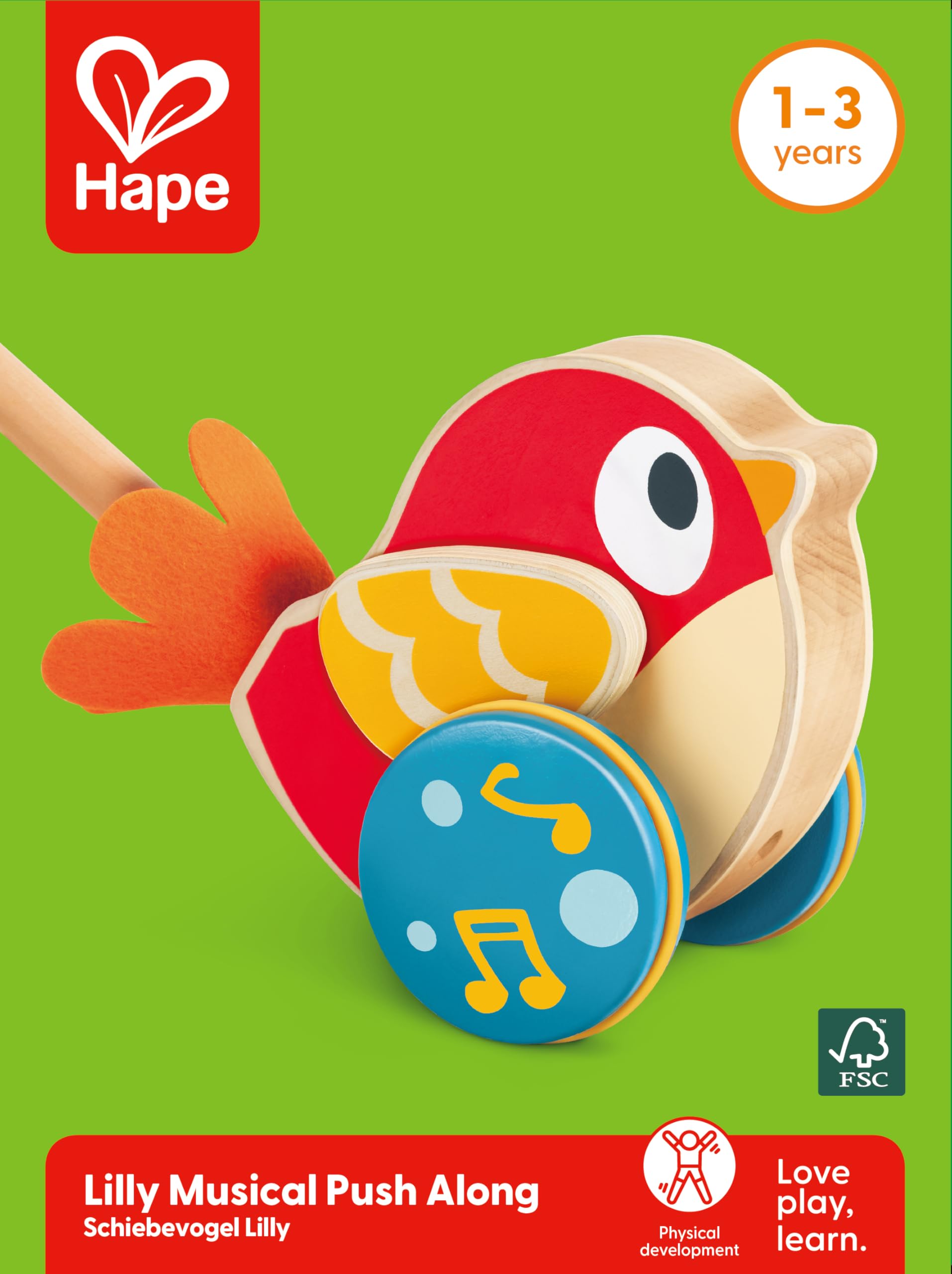 Hape Lilly push along toy ideal for home play and caregiver interaction.