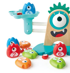 Hape Math Monster Scale includes a cloth storage bag for tidy toy organization.