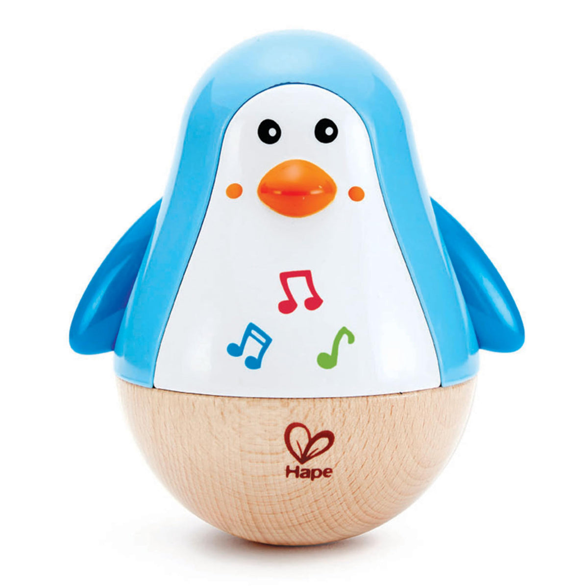 Hape Penguin Music Wobbler full view, bright colors and friendly form for babies