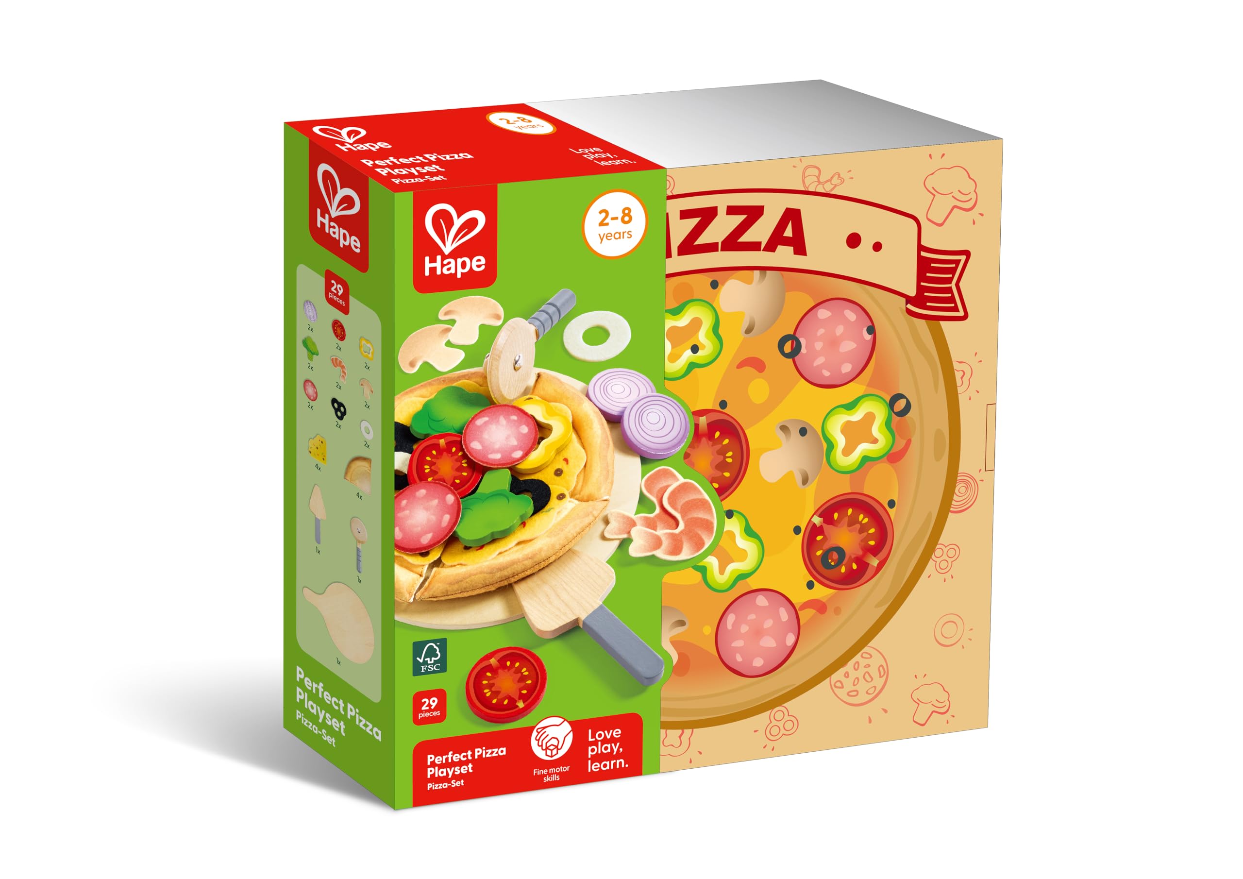 Hape Perfect Pizza Toppings Set provides colorful options for creative play.