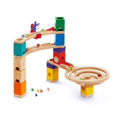 Hape Quadrilla Race to Finish top view shows a marble run with multiple paths and wooden tracks.
