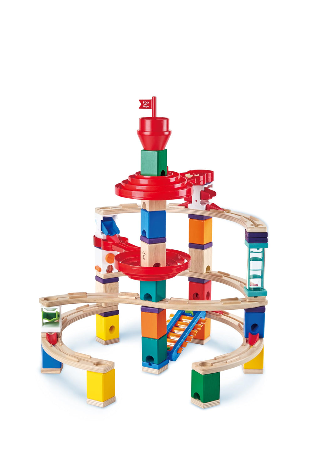 Hape distributor block with knob and button supports changing marble direction.