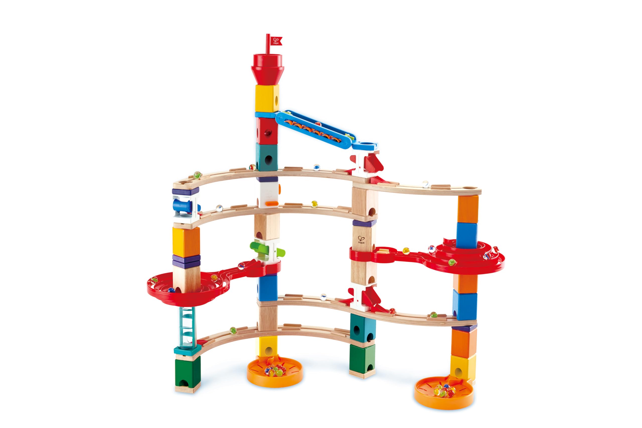 Hape Quadrilla Super Spirals marble run assembly showcases durable wood and safe finishes for kids.