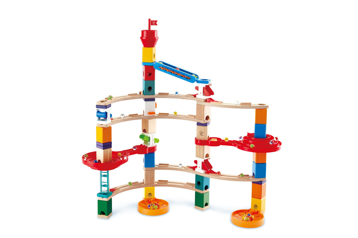 Hape Quadrilla Super Spirals marble run assembly showcases durable wood and safe finishes for kids.