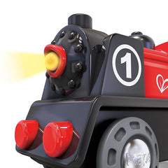 Hape Railway Battery Powered Train magnetic connectors enable expanding wooden railways.