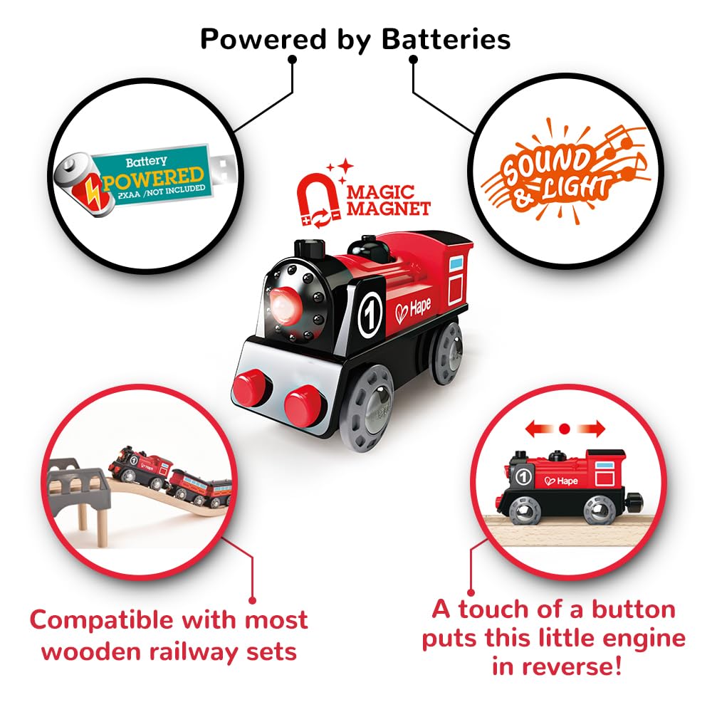 Hape Railway Battery Powered Train side view highlighting magnetic connectors for expanding tracks.