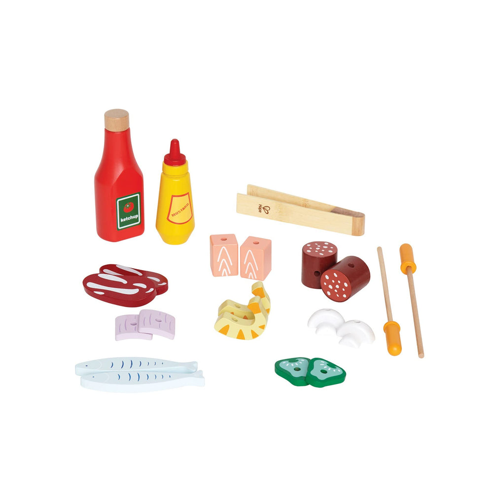 Hape Shish Kabob Play Food Set features skewers and colorful slices for creative meals.