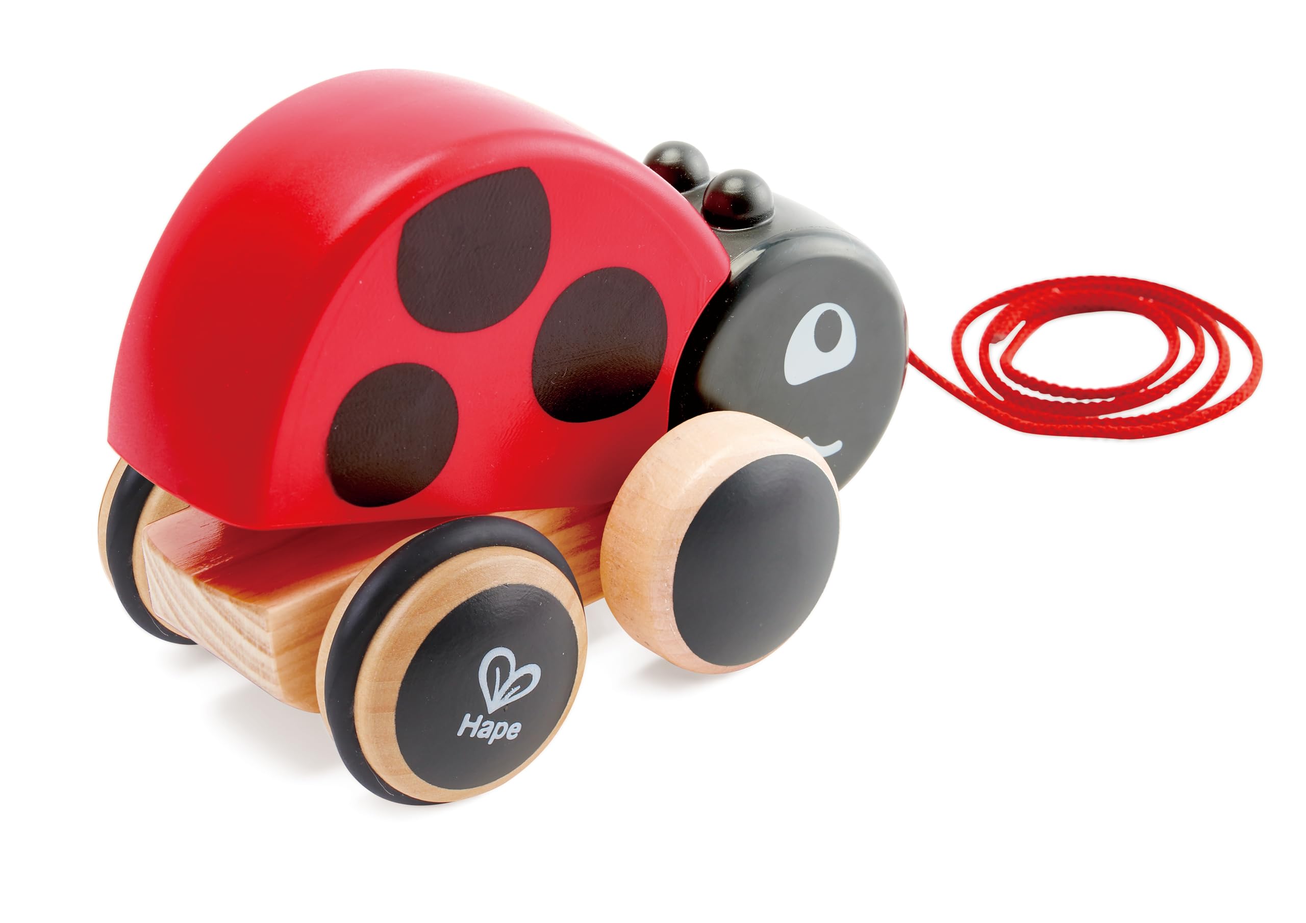 Hape Ladybug sturdy wheels support steady pulling.