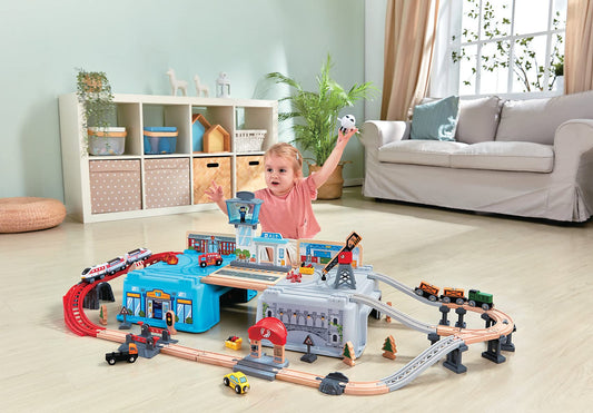 Hape bucket panels form a colorful city backdrop for imaginative play