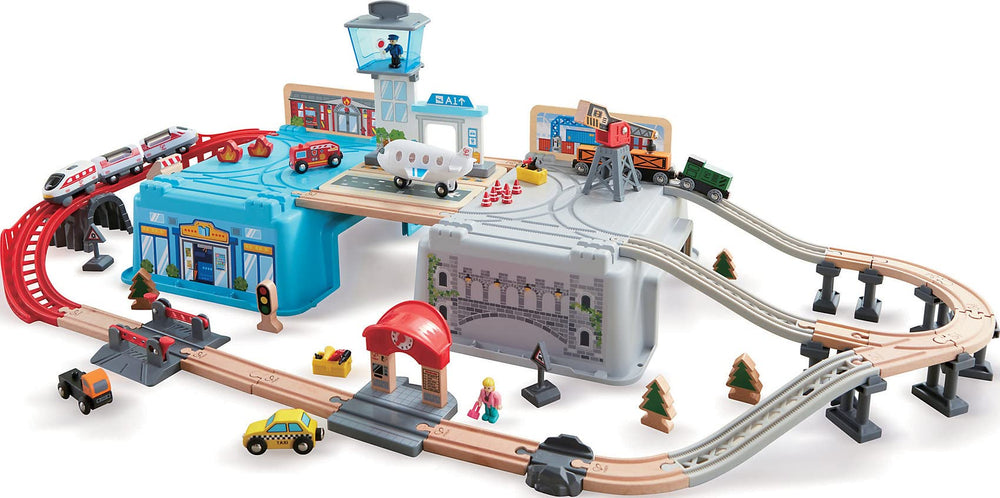 Hape Super Cityscape Transport Bucket Set train with battery engine for engaging play