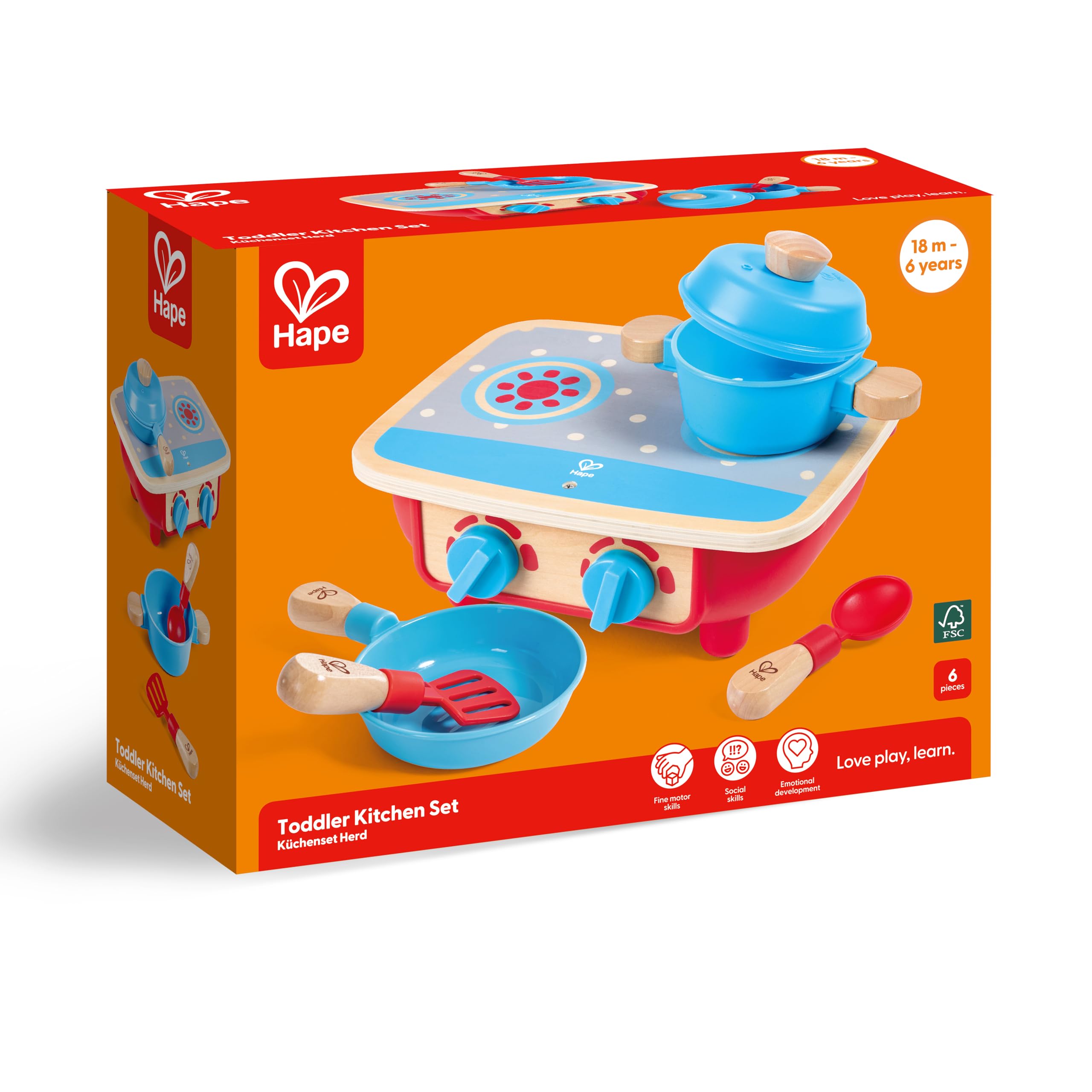 Hape Toddler Kitchen Set frying-pan image showcases durable wooden cookware for long-lasting play