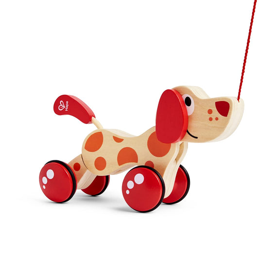 Hape Walk-A-Long Puppy front view, durable wooden pull toy for early walkers