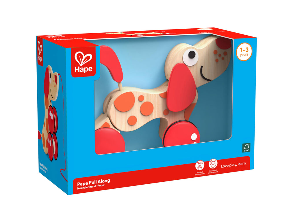 Hape Walk-A-Long Puppy wheels close-up, sturdy construction for safety