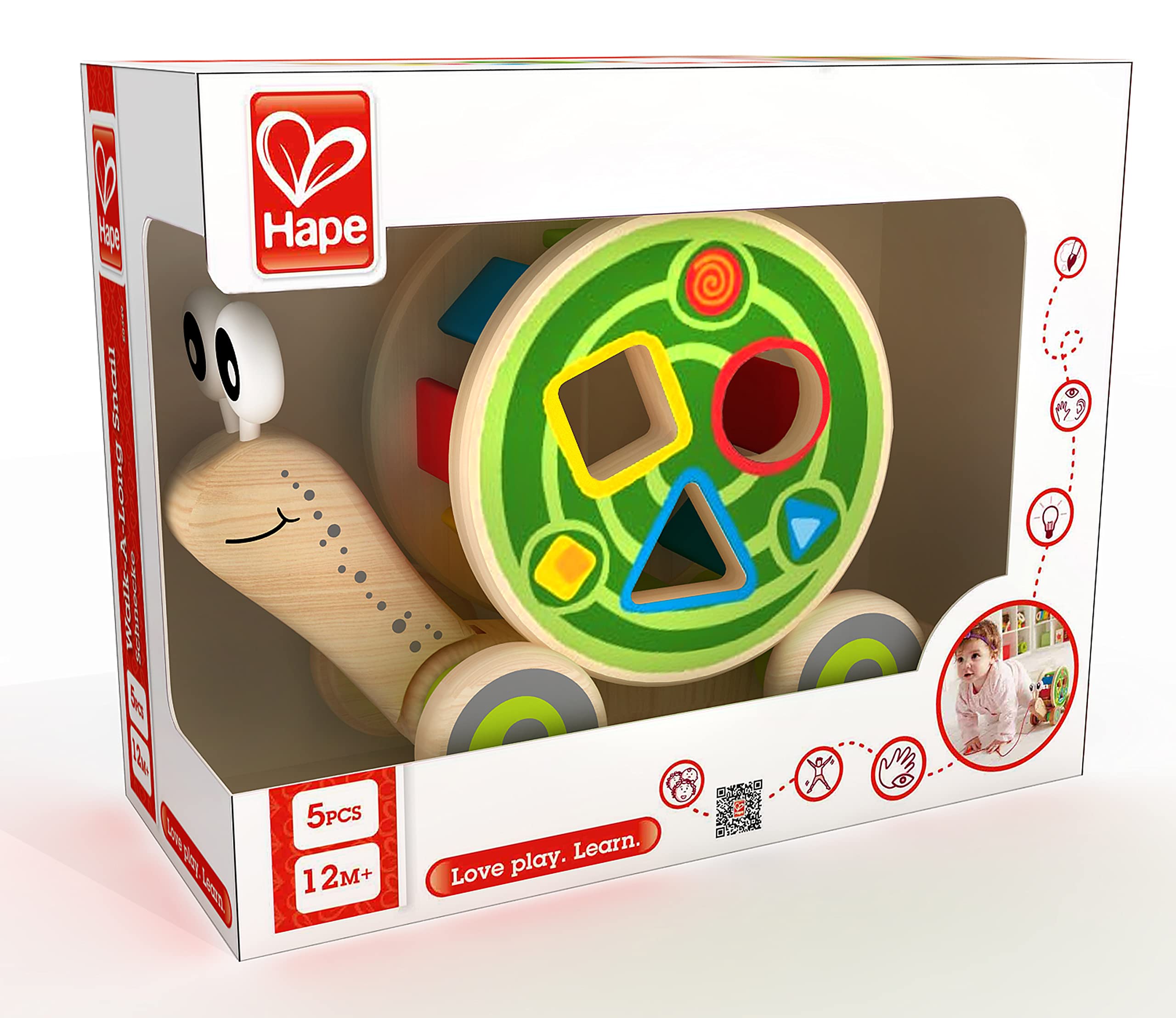 Hape Walk-A-Long Snail packaging highlights award-winning design and safety features