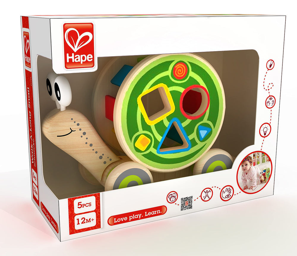 Hape Walk-A-Long Snail packaging highlights award-winning design and safety features