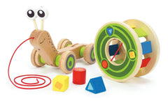 Hape Walk-A-Long Snail elastic opening allows easy block access for independent play