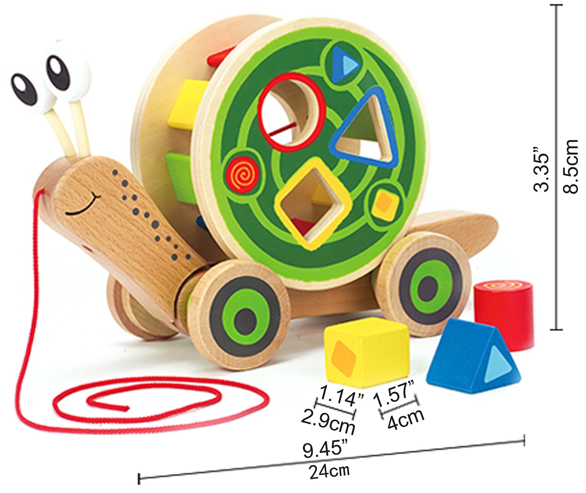 Hape Walk-A-Long Snail pull string creates smooth motion as blocks rotate