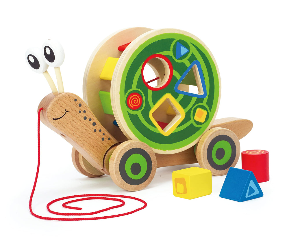 Hape Walk-A-Long Snail pull toy in full view for active walking and pushing fun