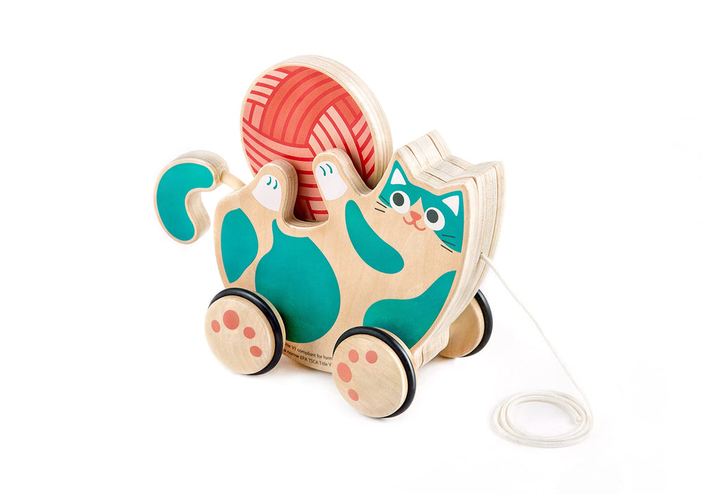 Hape Walkalong Kitten Pull Toy with wool ball rattle inspires crawling and pulling.