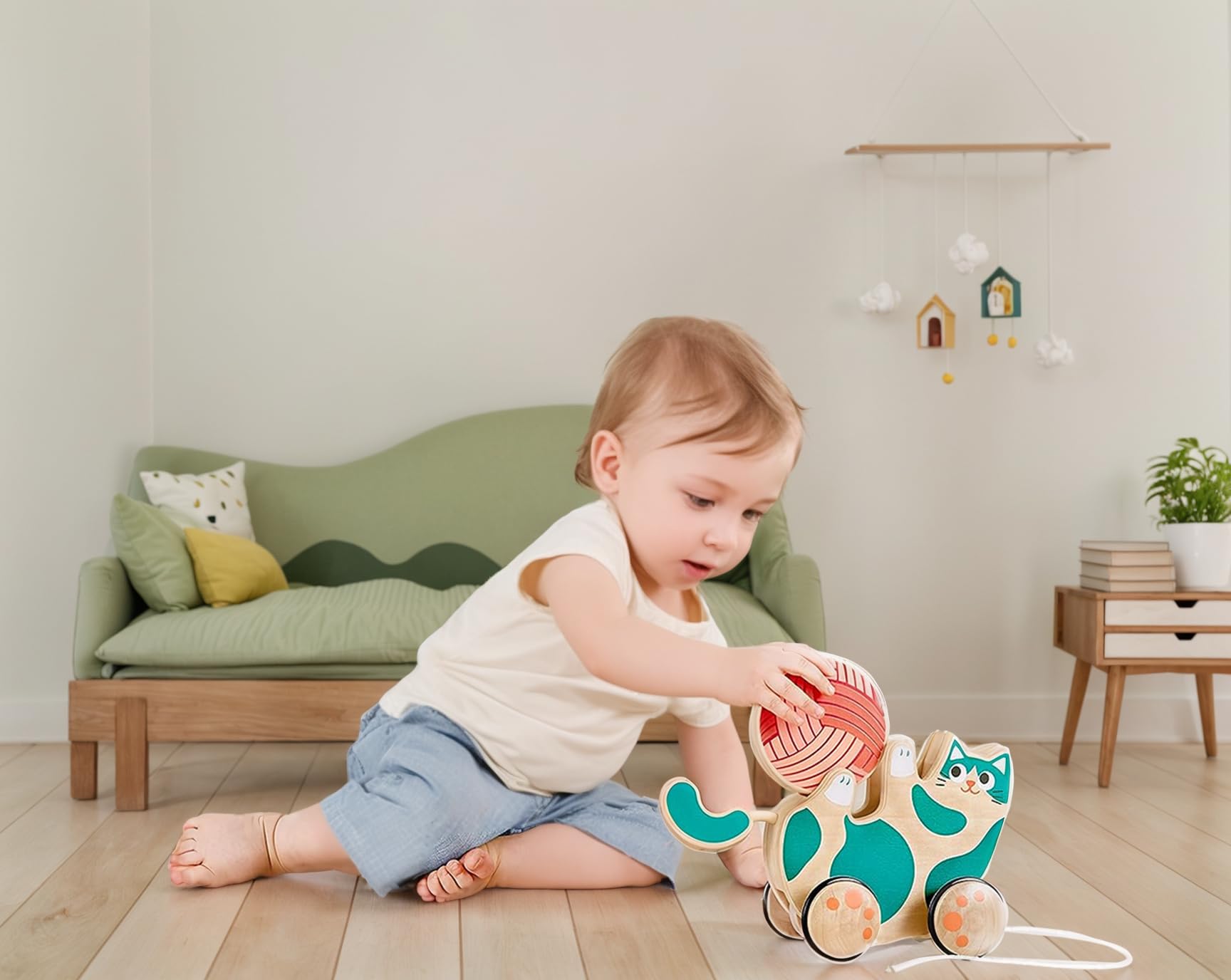 Hape Walkalong Kitten Wool Rattle Removable for varied play.