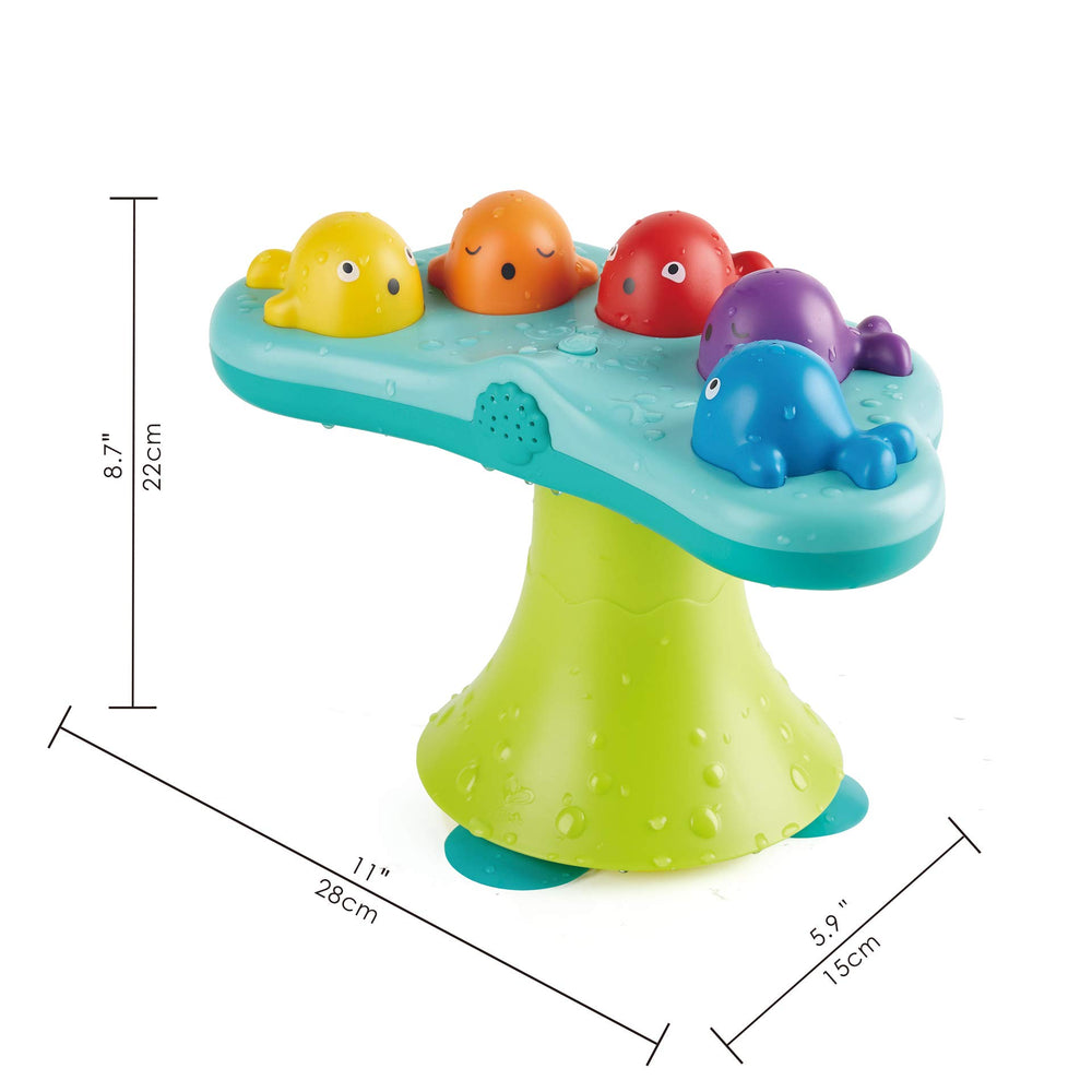 Hape whale bath toy showing suction cups for stable, splash-friendly bathtime.
