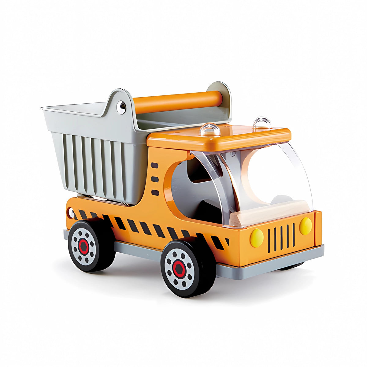 Hape wooden dump truck ready to haul sand and blocks for imaginative construction play.