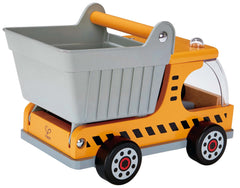 Hape wooden dump truck with smooth wheels protects floors during indoor rolling.