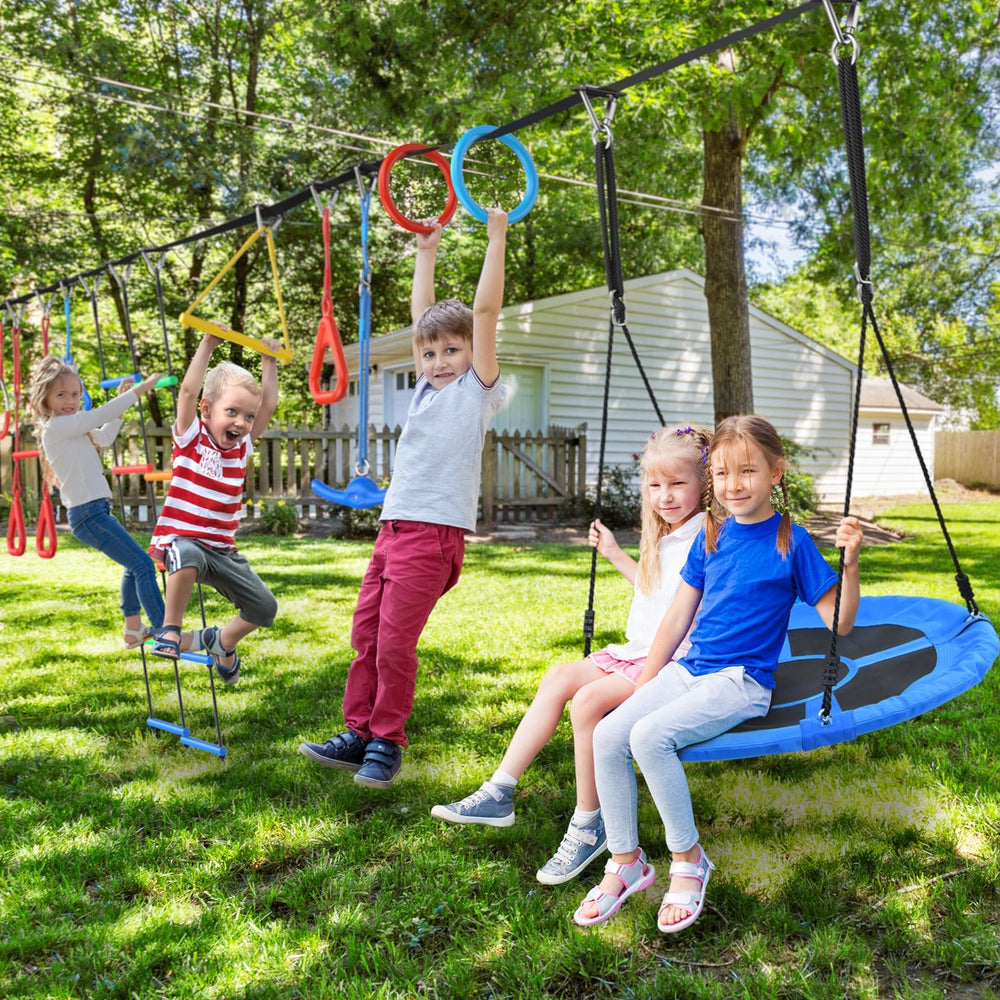 Hapfan 65ft Ninja obstacle course set up in backyard for active play.