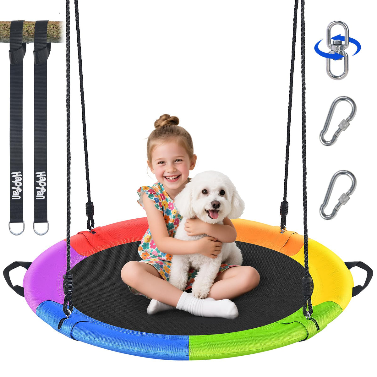 Hapfan rainbow 40-inch saucer swing setup for outdoor family fun.