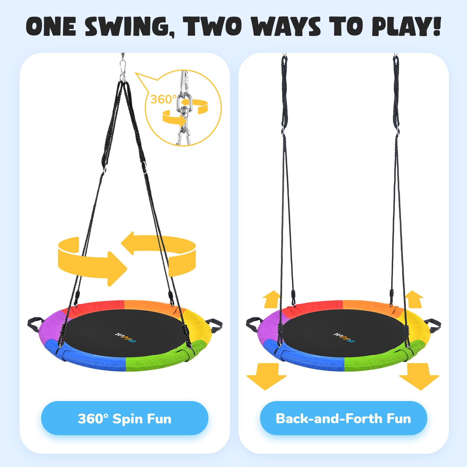 Hapfan saucer swing swivel feature for smooth, multidirectional movement.