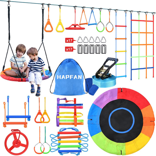 Hapfan slackline swing backyard setup enhances family outdoor play.